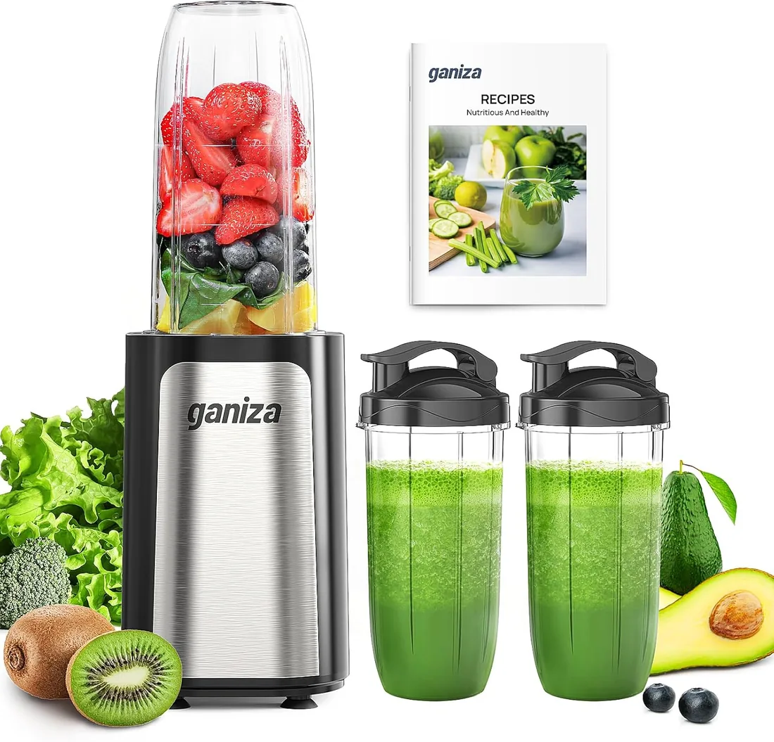 Ganiza Batidora de Vaso,Potencia 900 W Batidora de pie con 3 vasos portátiles (2 x 500 ml y 1 x 700 ml), Minibatidora con 4 Cuchillas de Acero inoxidable,Licuadora eléctrica para batidos y smoothies foto 3