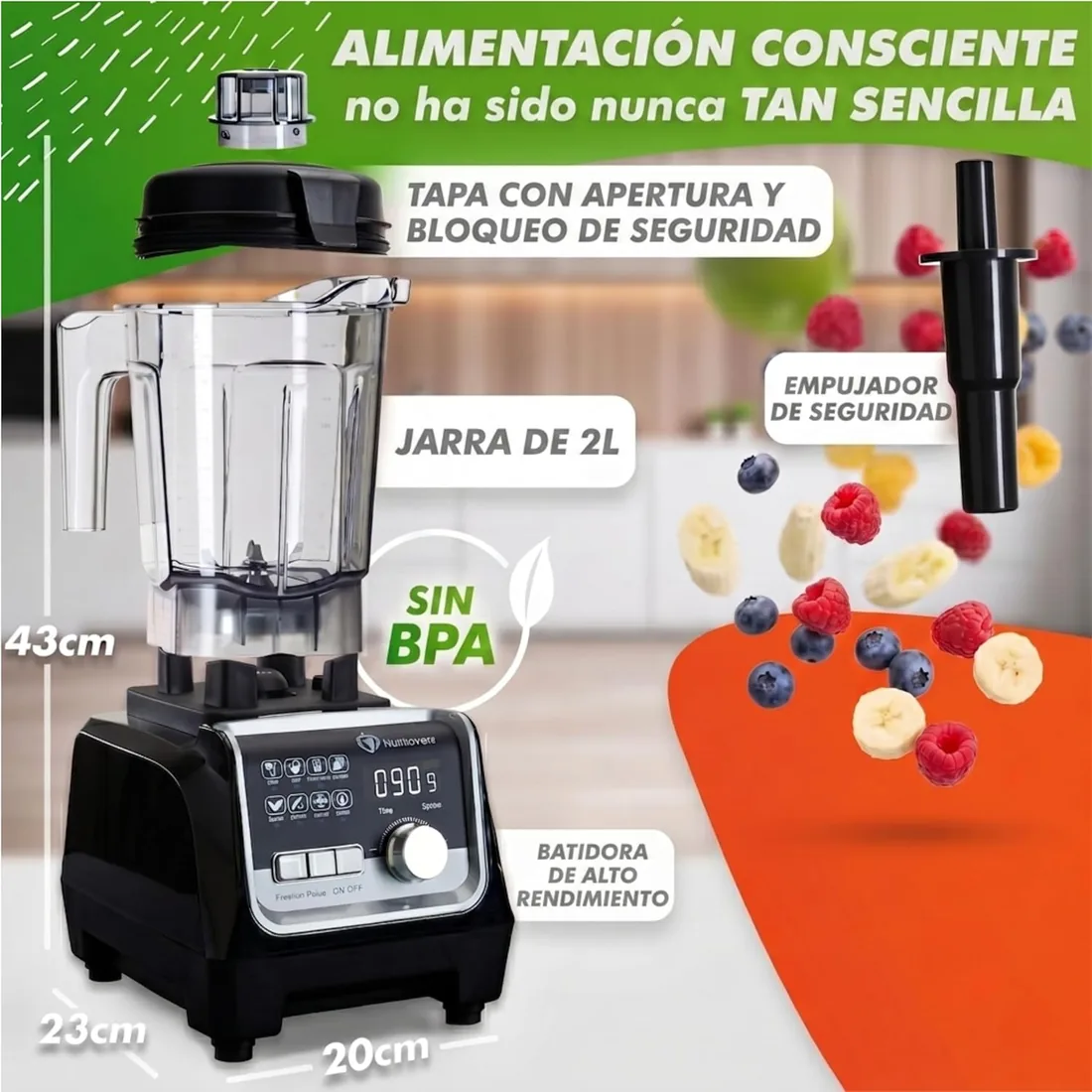 Nutrilovers Batidora de Vaso Alto Rendimiento 2000W, 2L, Sin BPA foto 2