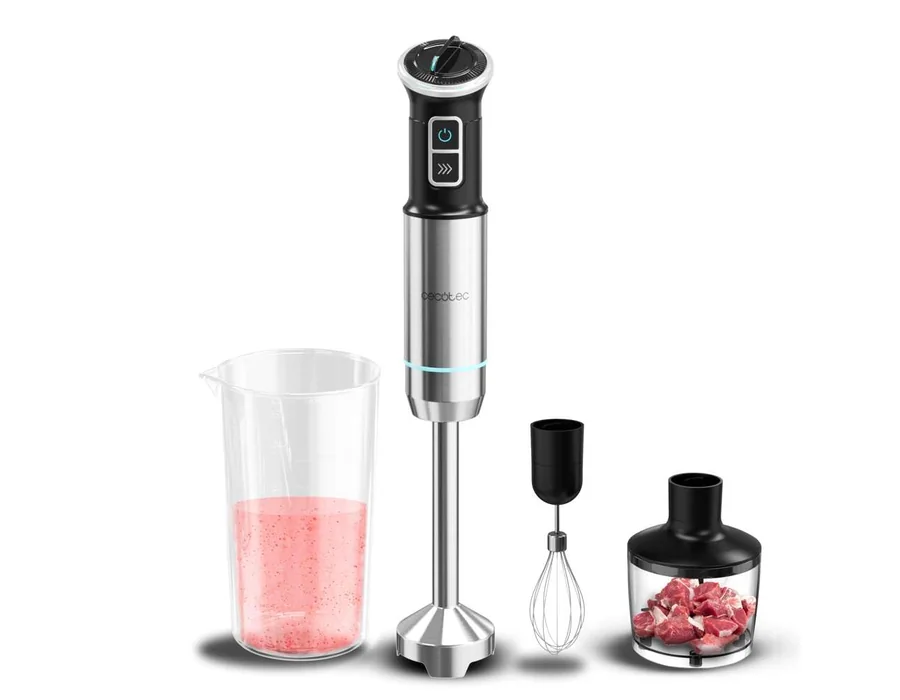 Cecotec Batidora de Mano Power Neutron 1100MAX Pro. 1100W Potencia Máxima, 4 Cuchillas Recubrimiento de Titanio, Velocidad Ajustable, Función Turbo, Pie XL, Vaso 800ml, Picadora y 