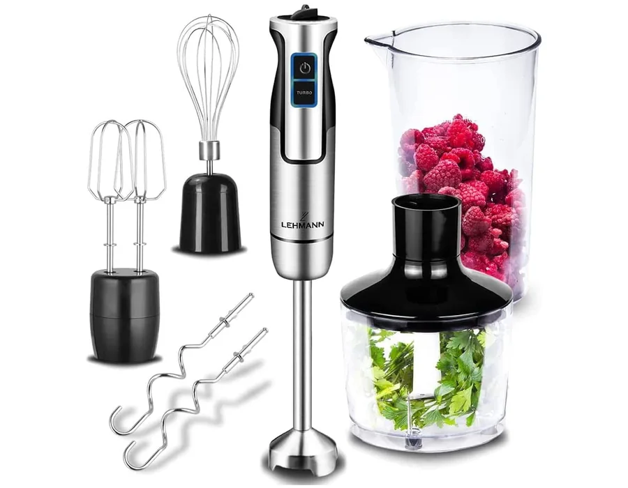 LEHMANN Batidora de mano multifunción 5 en 1, Potencia 1200W, Acero inoxidable, 8 velocidades ajustables + función Turbo, 6 Accesorios incluidos, Picadora 500 ml & Vaso medidor 860