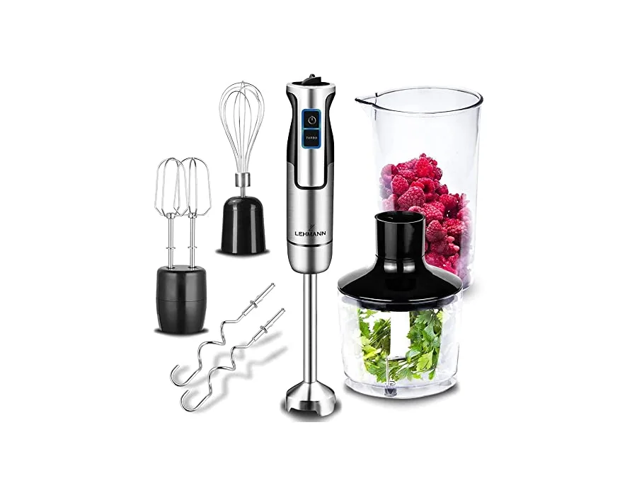 LEHMANN Batidora de mano multifunción 5 en 1, Potencia 1200W, Acero inoxidable, 8 velocidades ajustables + función Turbo, 6 Accesorios incluidos, Picadora 500 ml & Vaso medidor 860 foto 2