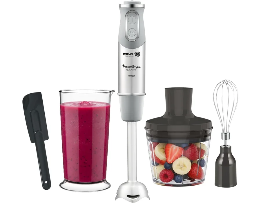 Moulinex Quickchef, Batidora de mano, Potencia de 1000 W, Cuchillas Powelix, 20 velocidades variables y modo turbo, Incluye picadora 500 ml, vaso medidor 800 ml y varillas, Gris, D