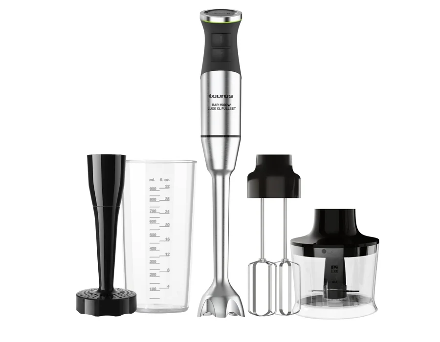 Taurus Batidora Electrica Profesional 1500w 4 en 1 y 20 Velocidades con Picador Varillas Electricas Set Liquidificador Alimentos y Hielo Cuchillas Acero Doble Efecto y Accesorios -