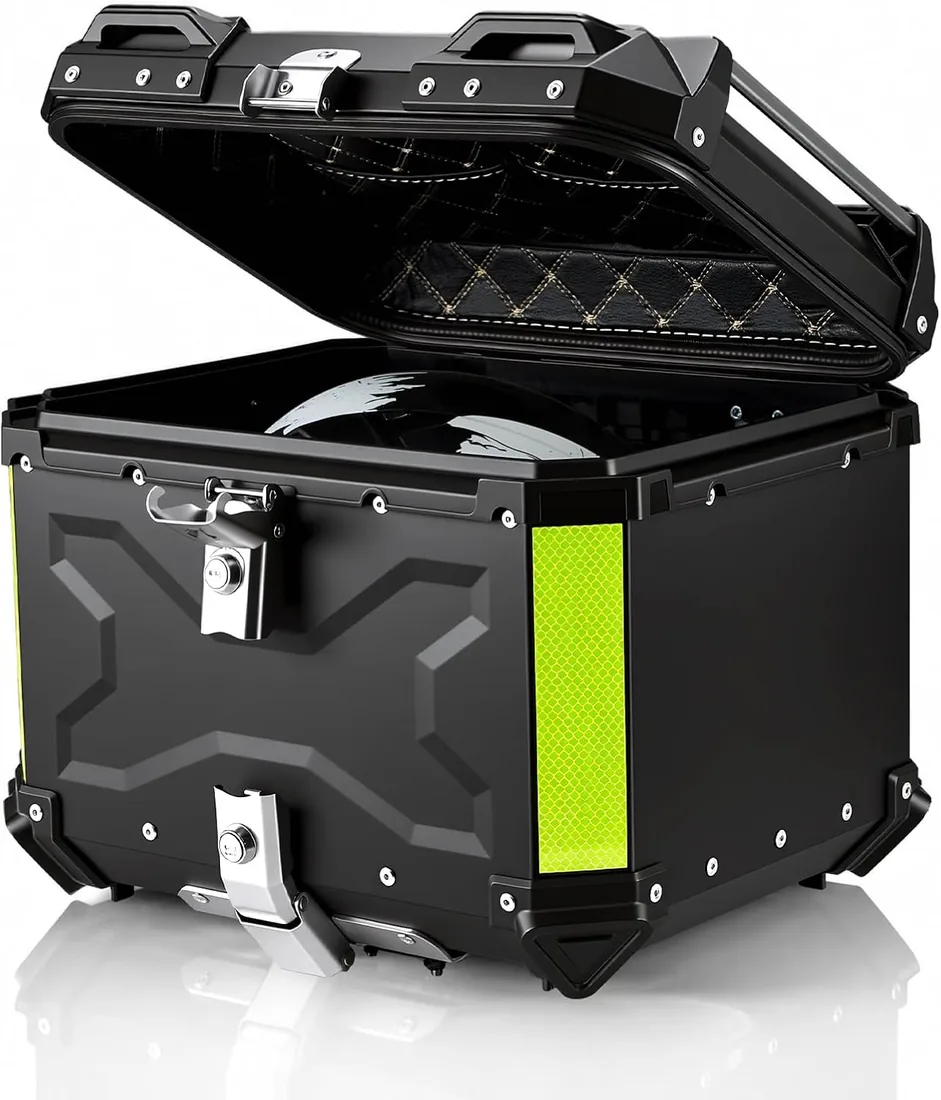 MOCOERL Baúl para Motocicleta Universal, Top Case Moto de Aluminio Impermeable, con Respaldo Cerradura de Seguridad, Caja Trasera para Casco Negro(45L) 702B