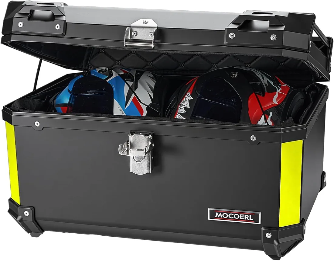 MOCOERL Maleta para Moto ABS, Baul Moto 2 Cascos, Top Case Moto 60L con Respaldo Cerradura de Seguridad, Negro E-580