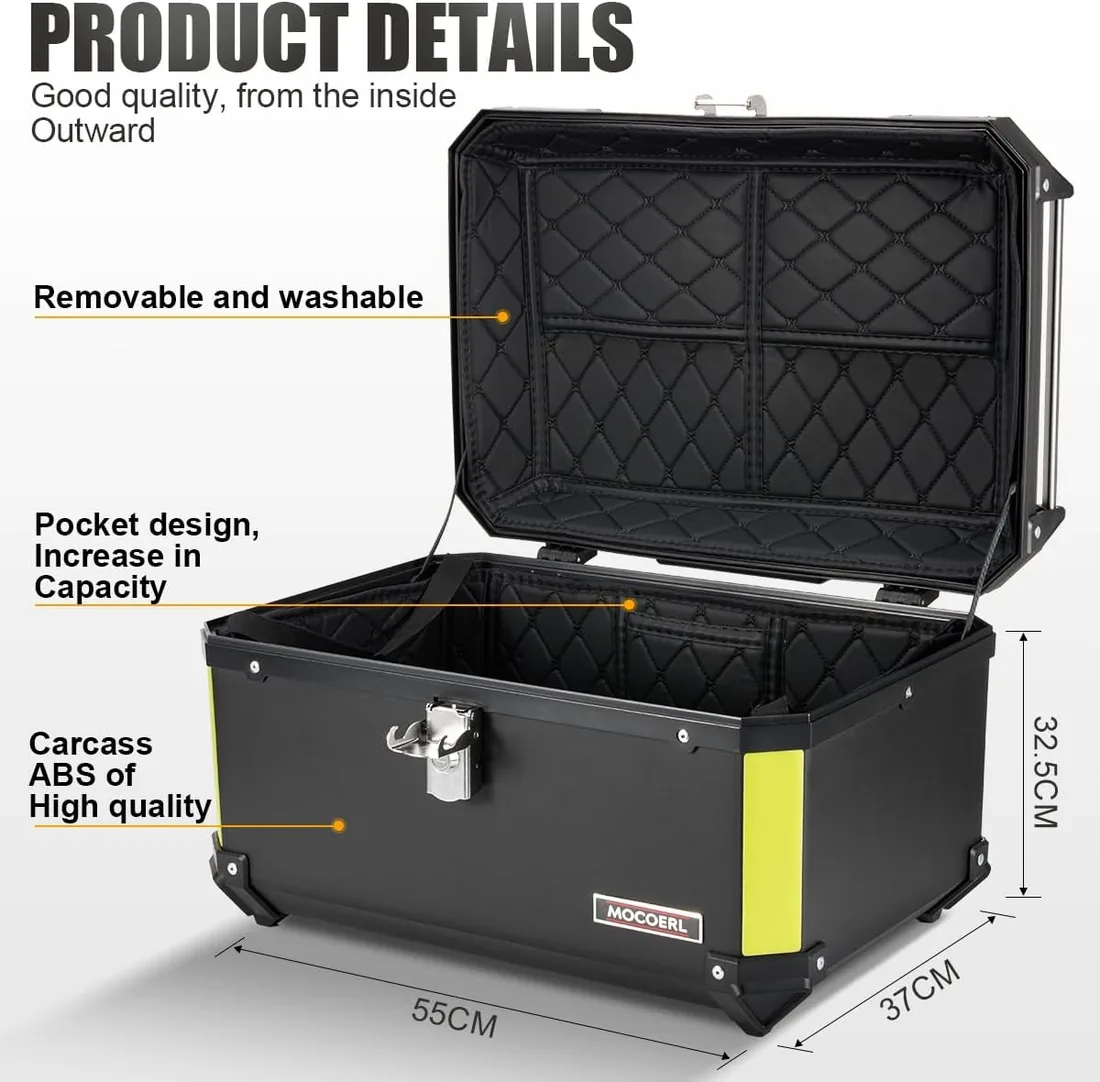 MOCOERL Maleta para Moto ABS, Baul Moto 2 Cascos, Top Case Moto 60L con Respaldo Cerradura de Seguridad, Negro E-580 foto 2