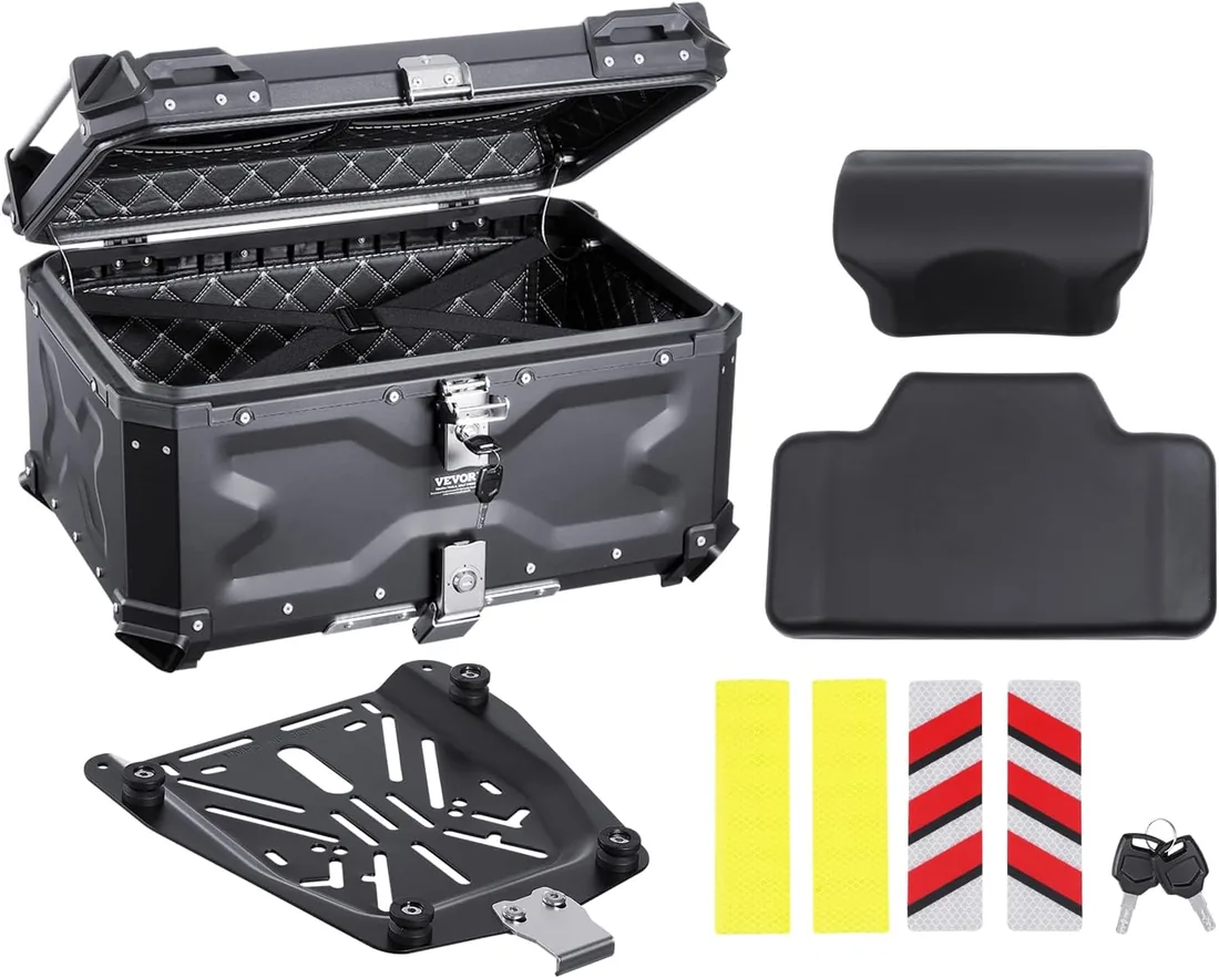 VEVOR Baúl para Motocicleta, Baúl Trasero Universal Aleación de Aluminio, con Forro de Cuero, 65 L, con Cerradura y Cojín Trasero, Apto para el 99% de los Cuadros de Motocicleta, 588 x 444 x 348 mm foto 3