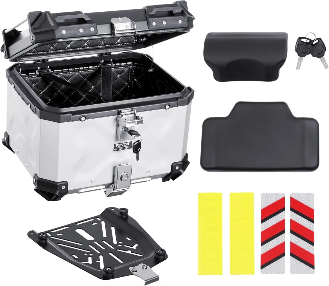 VEVOR Baúl para Motocicleta, Universal, Aleación de Aluminio, con Forro de Cuero, Impermeable, 45 L, con Cerradura y Cojín Trasero, para el 99% de los Cuadros de Motocicleta, 435 x 378 x 348 mm