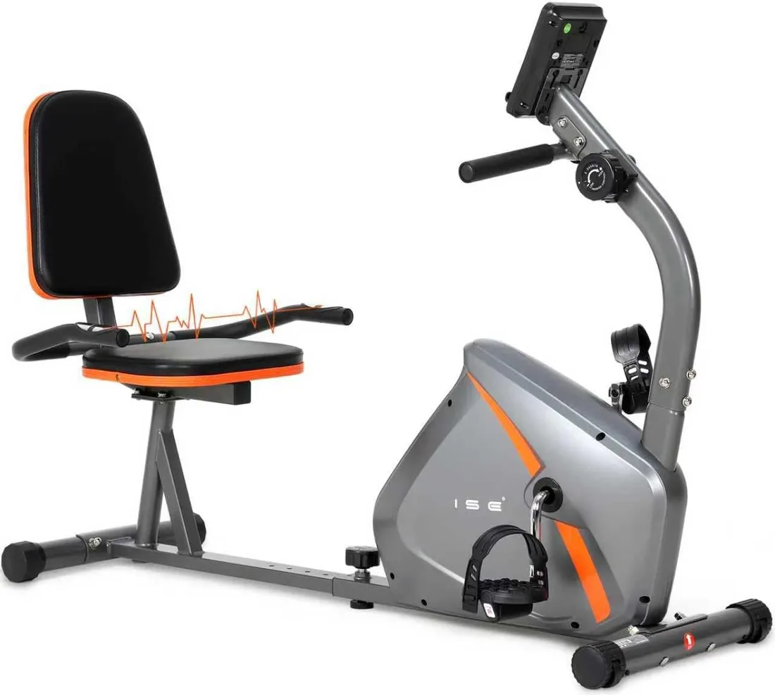 ISE Bicicleta Estática con Respaldo, 8 Niveles de Resistencia, Sensor de Pulso, Bicicleta Estática Elíptica con Soporte, para Ejercicios de Recuperación, Máx. 110 kg