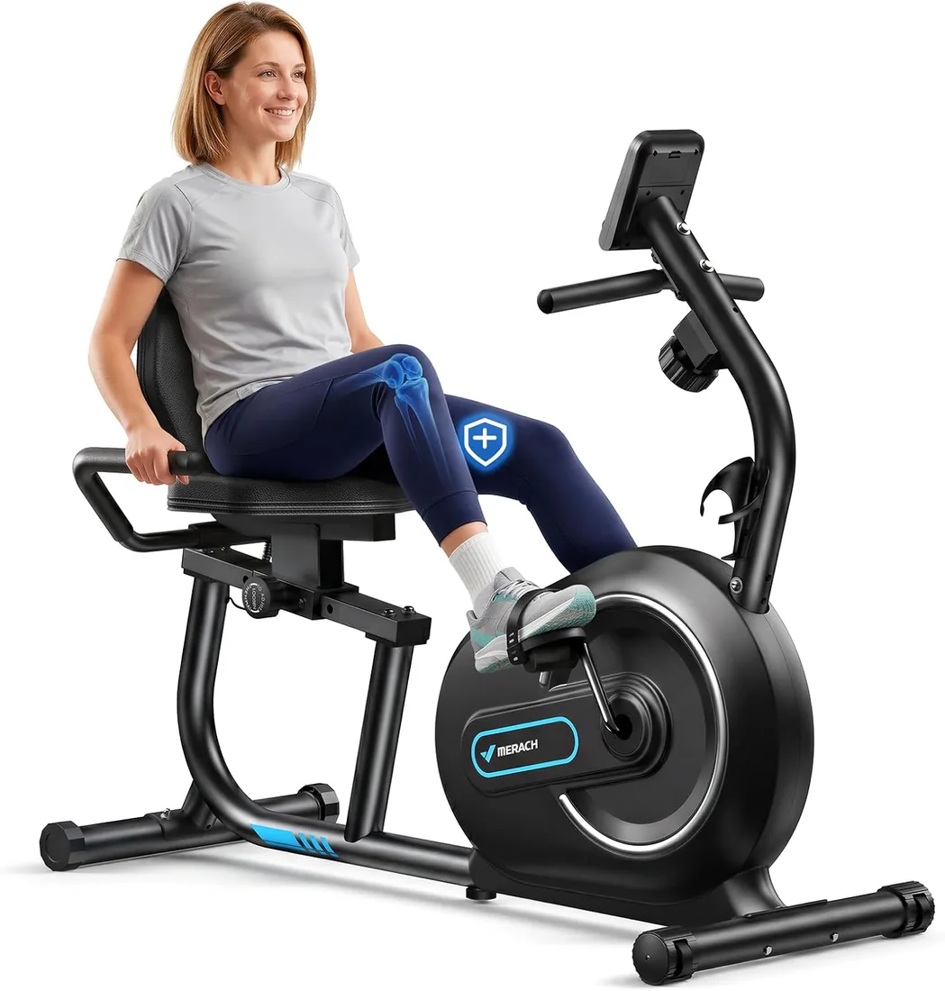 MERACH Bicicleta Estatica, Bicicleta Estática Magnética con 8 Niveles de Resistencia Ajustables, Bicicleta Reclinada con Pantalla LCD, Manillar de Frecuencia Cardíaca, Capacidad de Carga de 136 kg