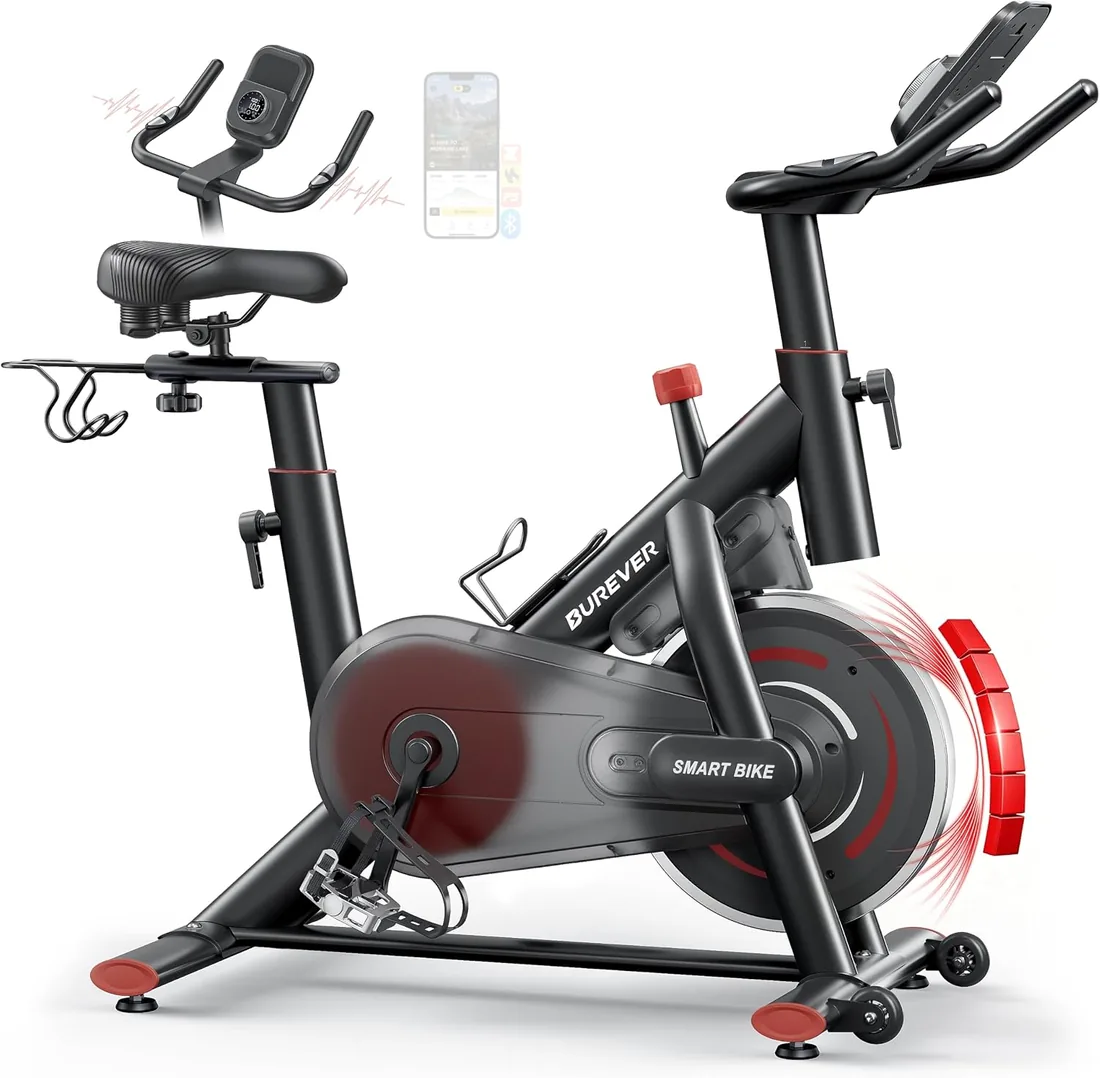 2026 Mejorar Burever Bicicleta Estática con Pantalla LCD Táctil, Objetivos Personalizables, Bici Estática con Soporte para Mancuernas y Portavasos, Volante 15 KG, MAX 170KG