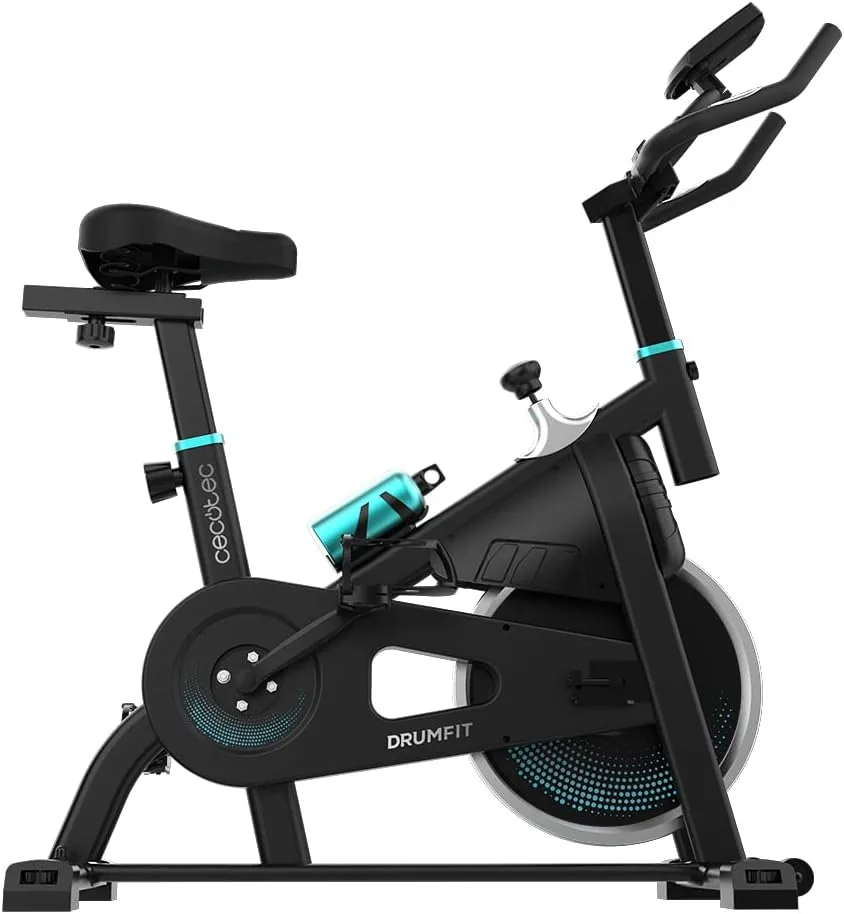 Cecotec Bicicleta Estática Indoor DrumFit Indoor, Volante de inercia de 6 a 13 Kg, Resistencia Manual, Monitor LCD, Pulsómetro, Soporte de Dispositivos, Botella, Porta Botellas y Calapiés