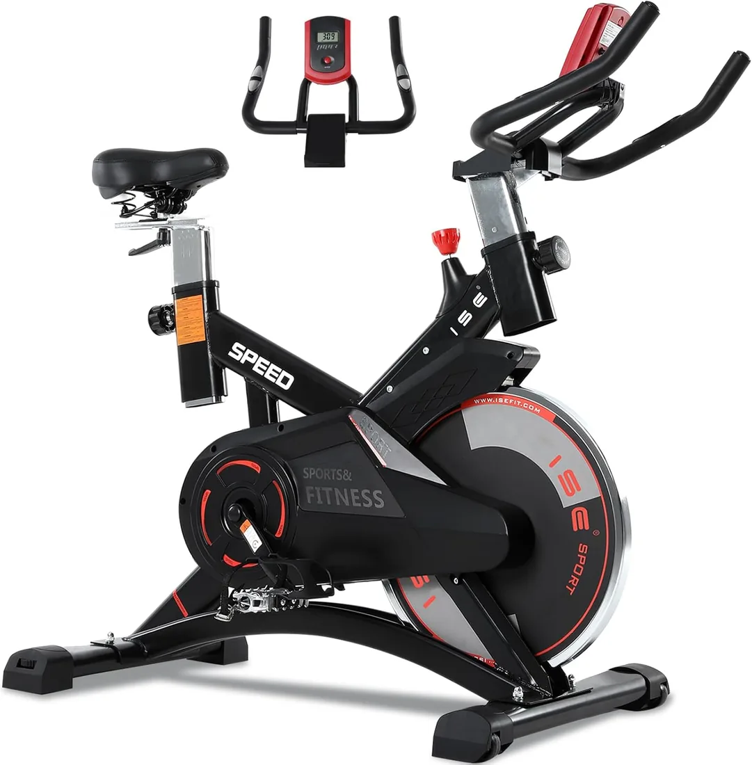 ISE Bicicleta Estática Profesional con Sensor de Pulso,Ajustable Resistencia, Pantalla, Bici Estática, Fitness En Casa con Volante de Inercia,Bicicleta Estática Indoor con Sillín Ajustable, Máx.120kg