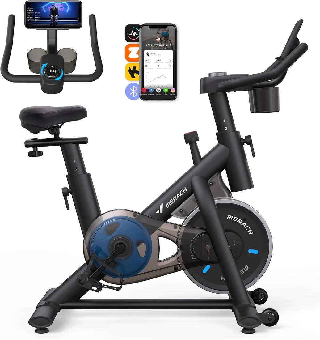 MERACH Bicicleta Estática en Casa con Resistencia Ajustable, Bicicleta Estatica Silenciosa con Monitor LED, Cómodo Cojín de Asiento, App Propia, Capacidad de 136 kg, Entrenamiento Aeróbico foto 3