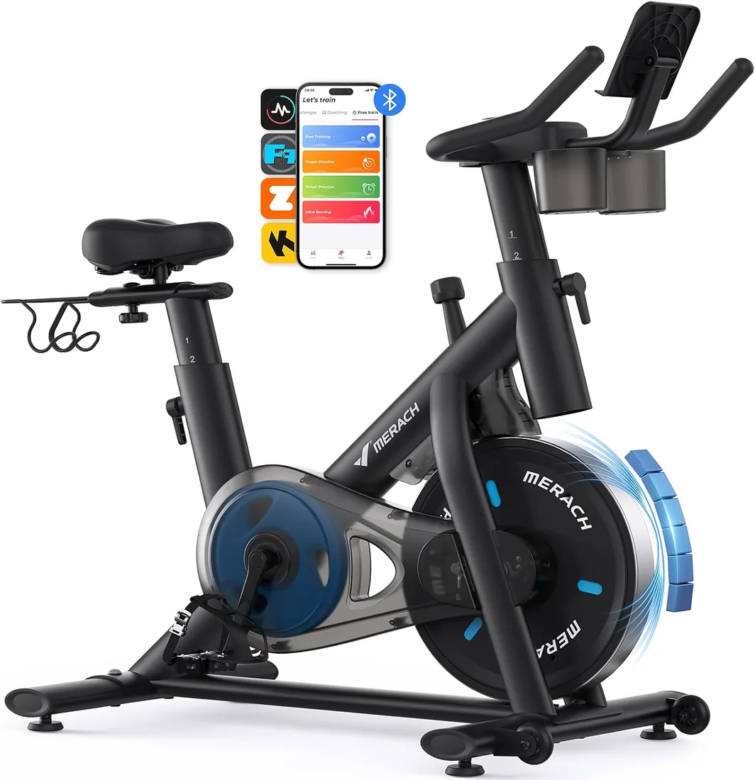 MERACH Bicicleta Estática en Casa con Resistencia Ajustable, Bicicleta Estatica Silenciosa con Monitor LED, Cómodo Cojín de Asiento, App Propia, Capacidad de 136 kg, Entrenamiento Aeróbico foto 3