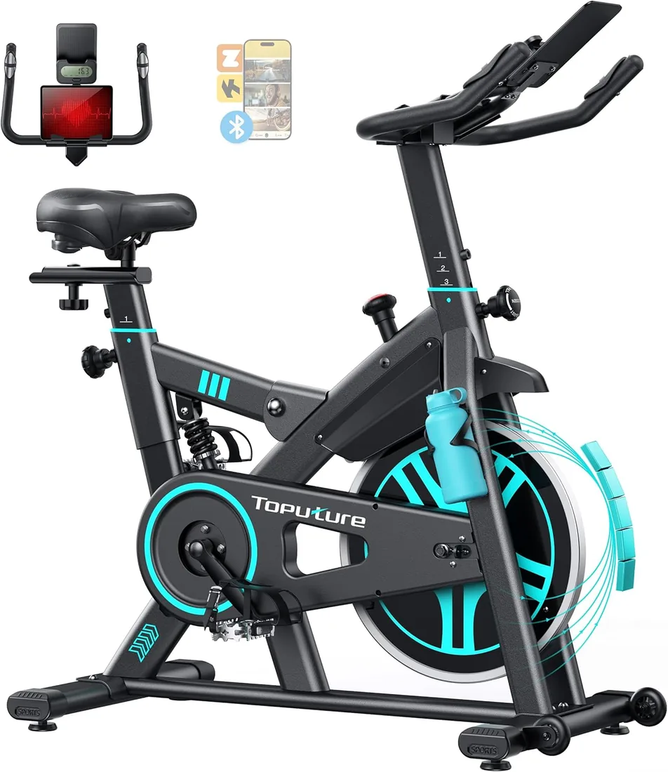 Toputure Bicicleta Estática para casa con Amortiguación Mejorada y APP | Volante 15 kg, Estructura reforzada, Asiento cómodo para largas sesiones, Pulsómetro, Altura 155-195 cm, Máx 160 kg