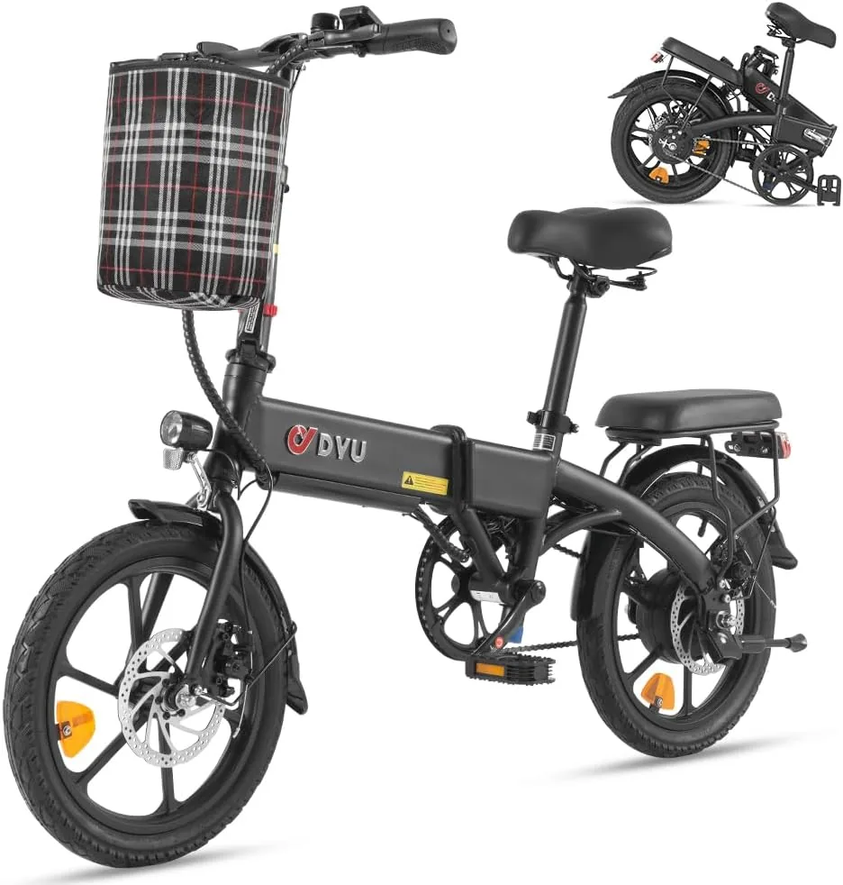 DYU Bicicleta Eléctrica Plegable 16", E-Bike Urbana para Ciudad | Motor 250W, batería 36V 7,5Ah, hasta 60 km de autonomía, altura ajustable, pantalla LED, frenos de disco y cesta delantera