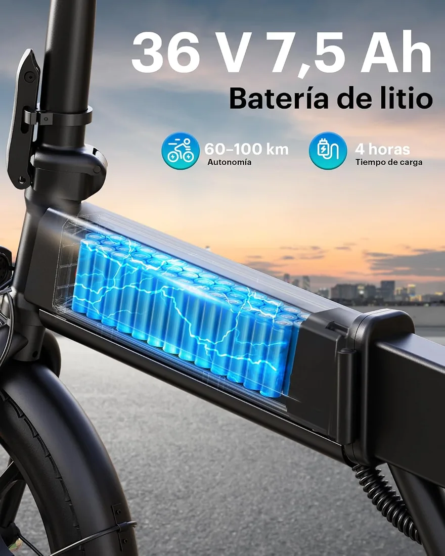 DYU Bicicleta Eléctrica Plegable 16", E-Bike Urbana para Ciudad | Motor 250W, batería 36V 7,5Ah, hasta 60 km de autonomía, altura ajustable, pantalla LED, frenos de disco y cesta delantera foto 2