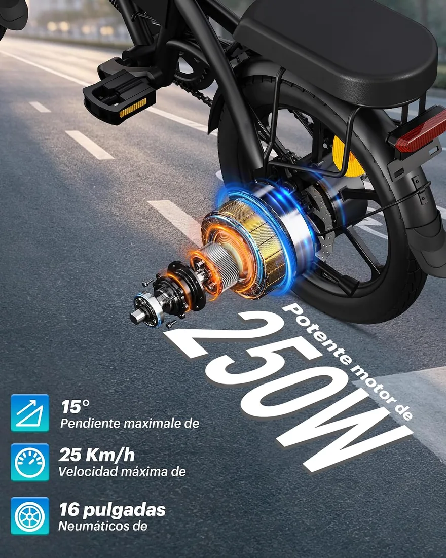DYU Bicicleta Eléctrica Plegable 16", E-Bike Urbana para Ciudad | Motor 250W, batería 36V 7,5Ah, hasta 60 km de autonomía, altura ajustable, pantalla LED, frenos de disco y cesta delantera foto 3