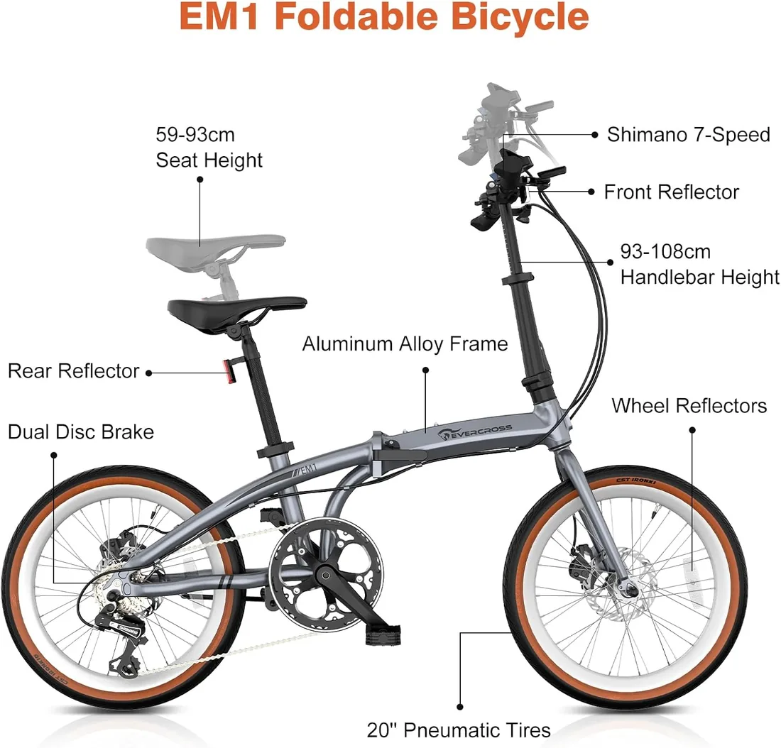 EVERCROSS EM1 Bicicleta Plegable para Adultos y Jóvenes Desde 12 Años | Bici con Ruedas 20", Shimano 7 Velocidades, Aluminio, Doble Freno de Disco, Sillín y Manillar Regulables, altura 150–185 cm foto 2