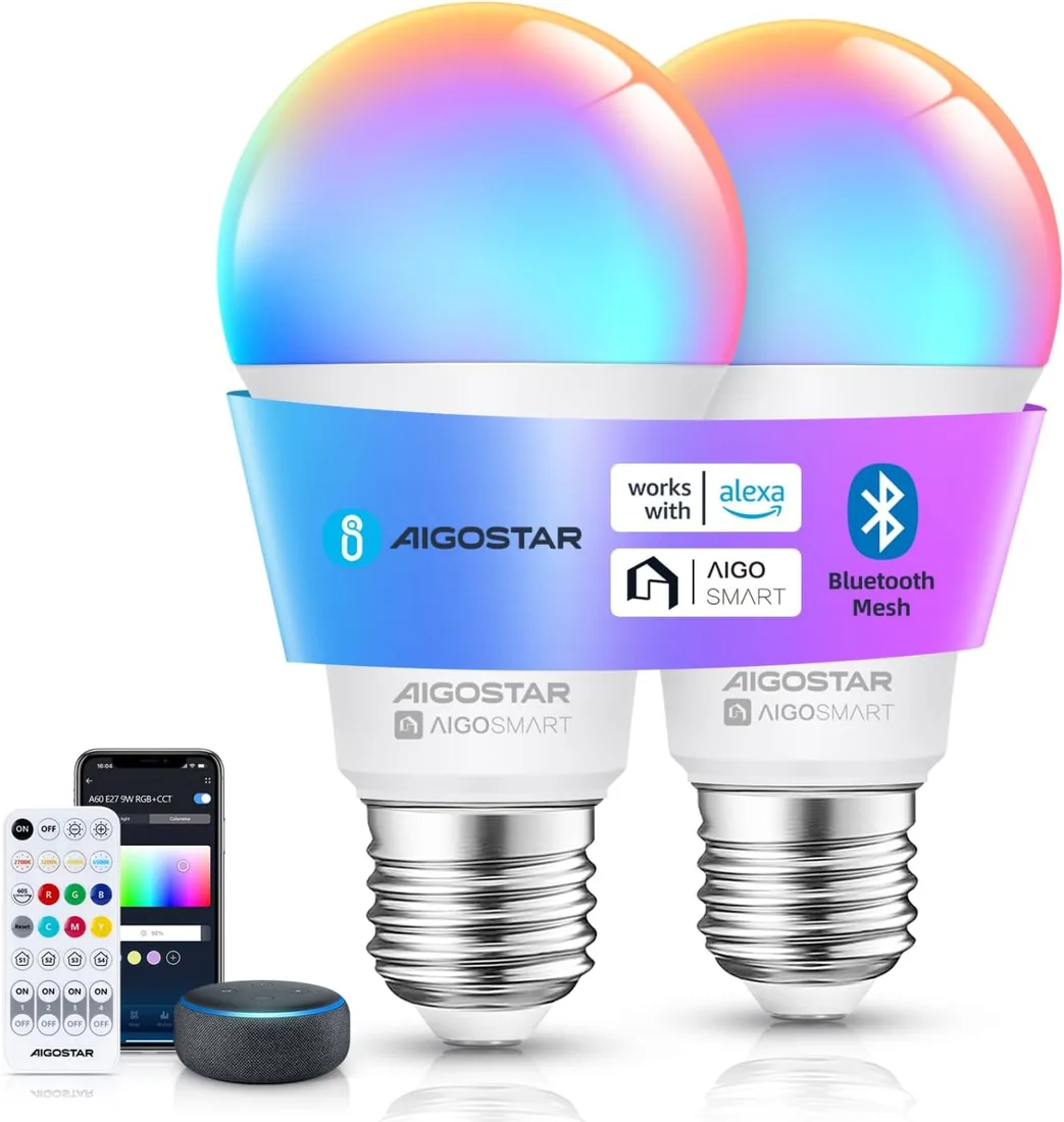 Aigostar Bombilla inteligente E27, A60, 12W, 1150 LM, 2Uds | 2700K-6500K y RGB regulable, compatible con Alexa y Google Assistant, Incluye mando a distancia foto 2