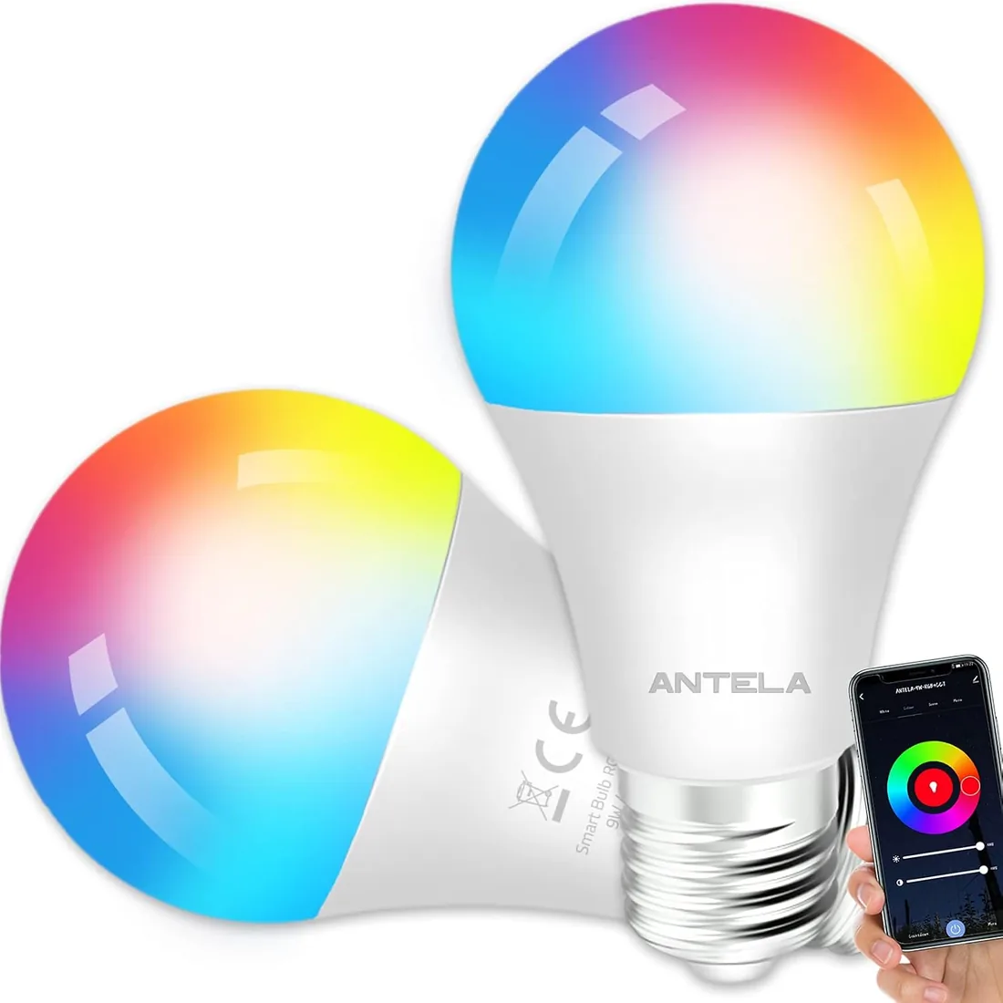 ANTELA Bombilla Inteligente LED E27 Wifi Compatible Con Google Home/Alexa | Bombilla RGB(2700K-6500K) Luces Colores Regulable, Control Remoto,Control De Voz, Ahorro Energético, Paquete 2 foto 2