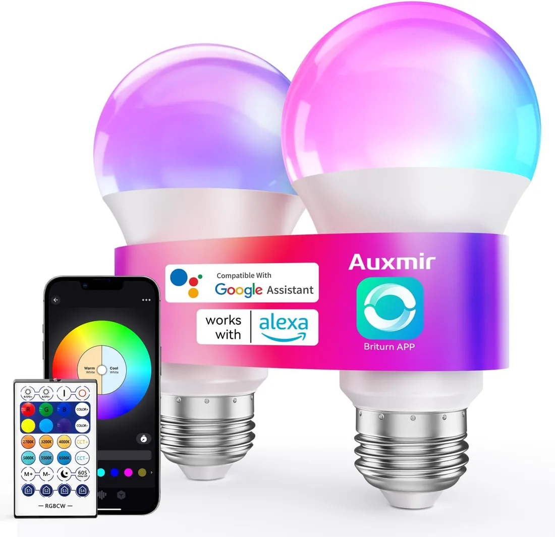 Auxmir Bombilla Inteligente WiFi E27 RGB LED, Paquete de 2 | 16 Millones de Colores, 2700K-6500K Regulable, 800LM. Compatible con Alexa, Google Home, APP. Temporizador