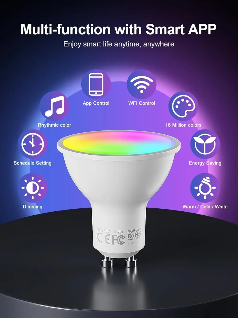 FITOP GU10, Bombilla Wifi Lámpara Inteligente 4.7W=50W, Compatible con Alexa/Google Home/Siri, 2700-6500K Luces Cálidas/Frías & RGB Ajustable,Control de Voz, 5 Paquete foto 2