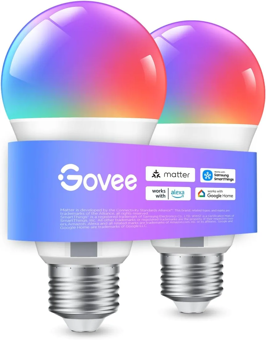 Govee Bombilla LED E27 Inteligentes WiFi y Bluetooth, Juego de 2 | Compatible con SmartThings, Matter, Alexa y Google Assistant, 800LM, 16 Millones de Colores DIY RGBWW