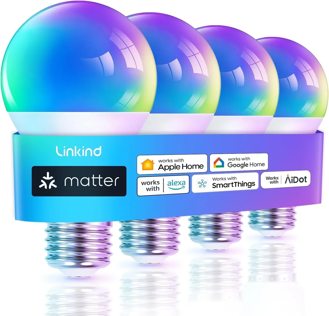 Linkind Matter Smart RGBTW Bombilla, WiFi LED E27, Bombilla Multicolor RGB/RGBTW 1800K-6500K, Compatible con Alexa Google Home, 9W equivalente a 60W, paquete de 4