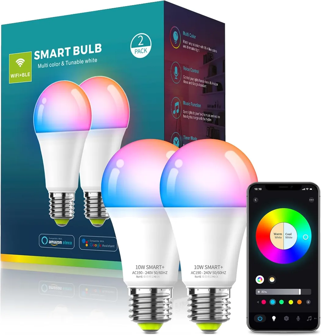 Oumida Bombilla LED Inteligente Wi-Fi, Multicolor, Regulable, Bombilla RGB,Casquillo E27, 9W, 806 lúmenes para Google Home/Alexa,Paquete 2