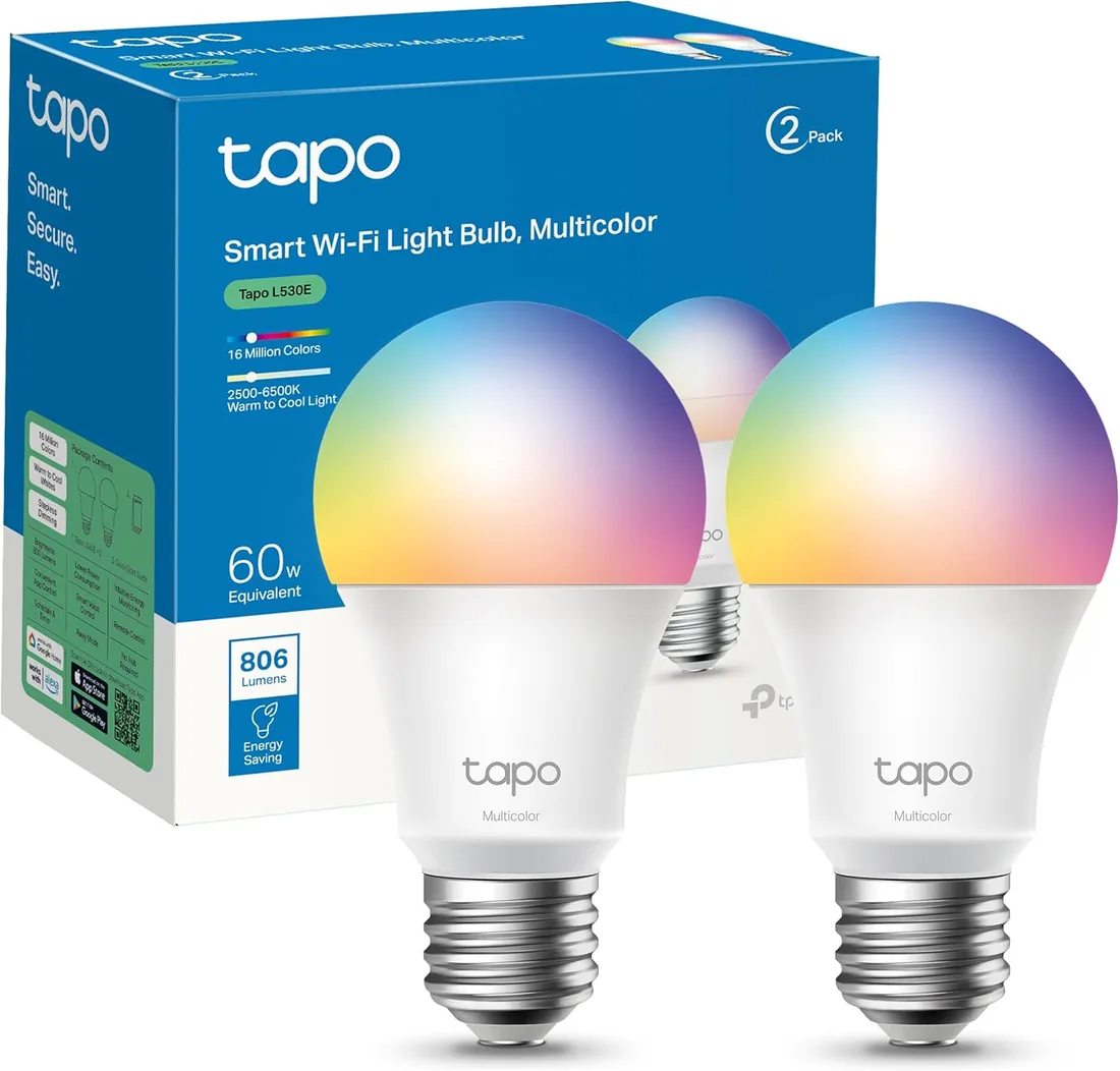 Tapo L530E (2-Pack) - Bombilla Inteligente WiFi, RGB Multicolor, 800lm, E27 | Regulable. 16M de Colores. Horarios/Temporizador. No Requiere Hub. Modo Ausente. Control por Voz (Alexa/Google) y App Tapo.