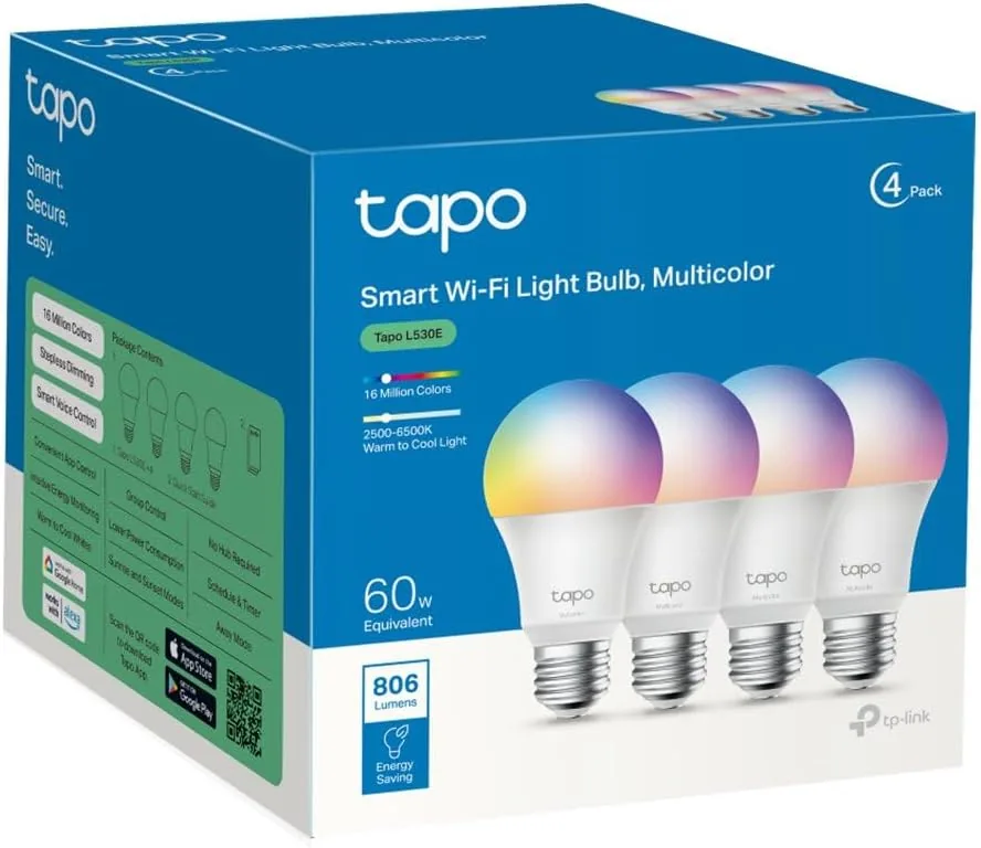 Tapo L530E (4-Pack) - Bombilla Inteligente WiFi, RGB Multicolor, 800lm, E27 | Regulable. 16M de Colores. Horarios/Temporizador. No Requiere Hub. Modo Ausente. Control por Voz (Alexa/Google) y App Tapo.