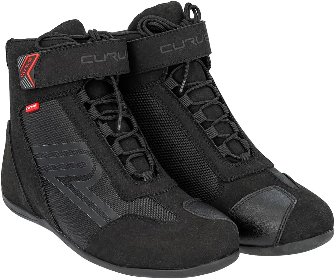 CURVE Botas moto Radium Negro, Micro amara, Protección cambio, tobillo y talón, Cierre autoadherente con cordones, Suela antideslizante, Adultos, Hombre, Mujer, CE