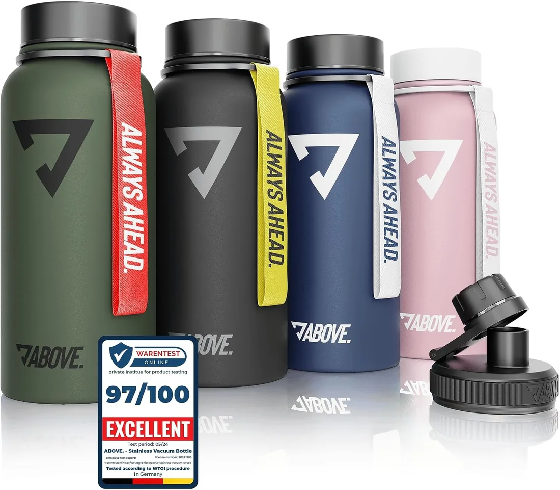 ABOVE. Botella Térmica Inox 1L, Mantiene Calor 12H y Frío 24H, Oliva | Botella Aislante de Doble Pared, Acero Inox 304, Sin BPA, Tapa Estándar y de Beber, 100% Antigoteo, Lavado a Mano