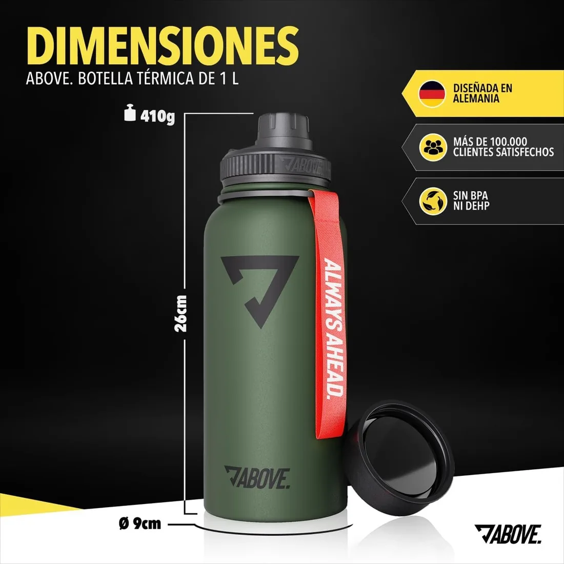 ABOVE. Botella Térmica Inox 1L, Mantiene Calor 12H y Frío 24H, Oliva | Botella Aislante de Doble Pared, Acero Inox 304, Sin BPA, Tapa Estándar y de Beber, 100% Antigoteo, Lavado a Mano foto 2