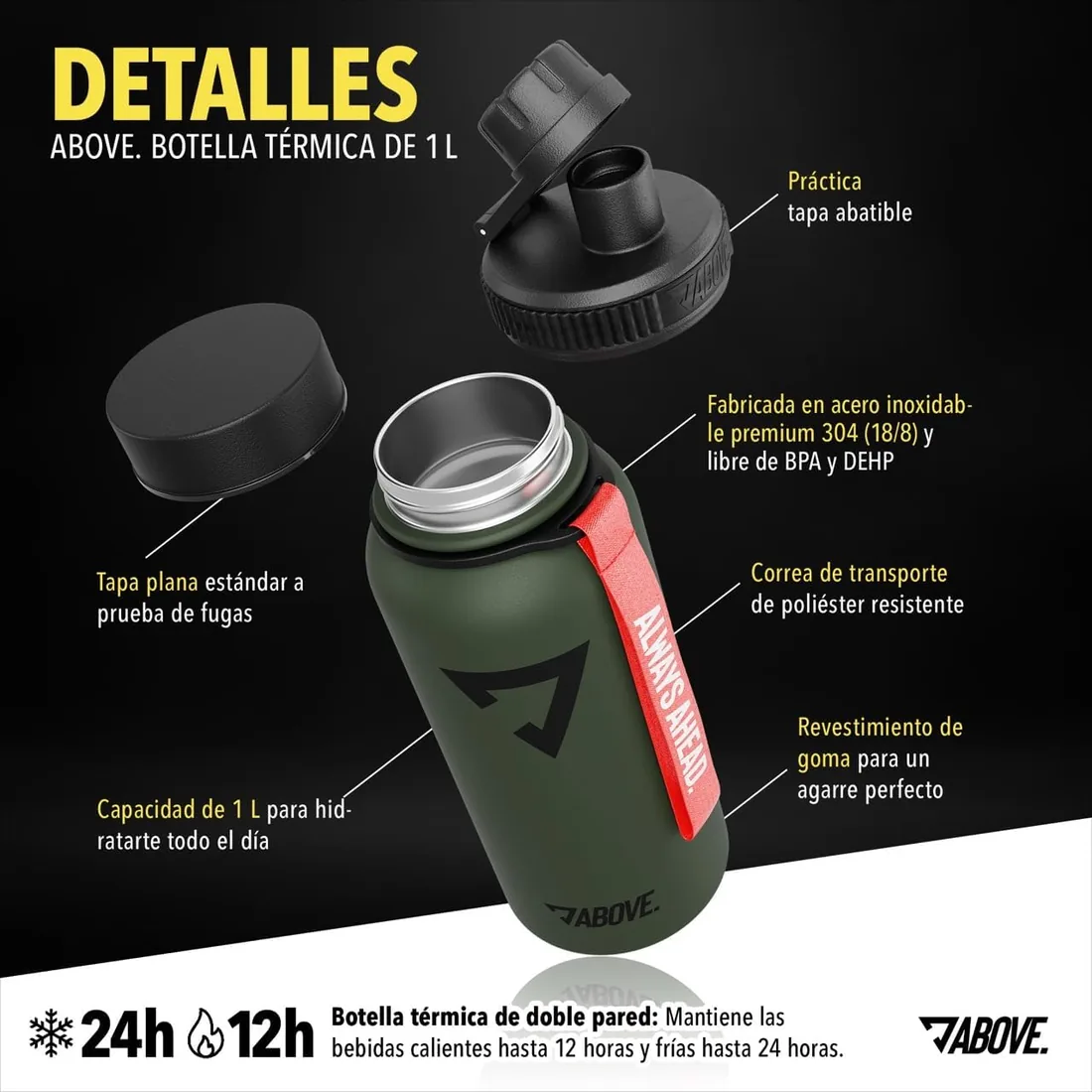 ABOVE. Botella Térmica Inox 1L, Mantiene Calor 12H y Frío 24H, Oliva | Botella Aislante de Doble Pared, Acero Inox 304, Sin BPA, Tapa Estándar y de Beber, 100% Antigoteo, Lavado a Mano foto 3