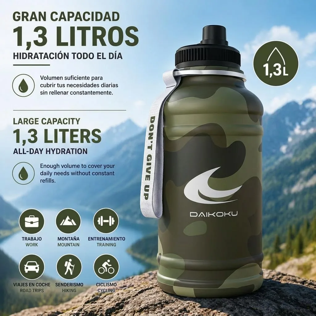 Daikoku Botella Térmica Acero Inoxidable 1,3L Antifugas | Frío 24h Calor 12h | Sin BPA Doble Pared | Termo Deportivo para Gimnasio Senderismo Viajes | Camuflaje foto 3