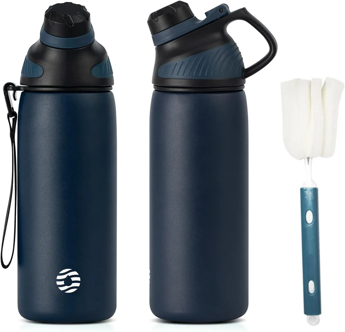Fjbottle Botella Agua Acero Inoxidable 600ml Térmica con Tapa Magnética | Tapa magnética que permanece abierta al beber, apta para lavavajillas, ideal para ciclismo y uso diario; cepillo incluido.