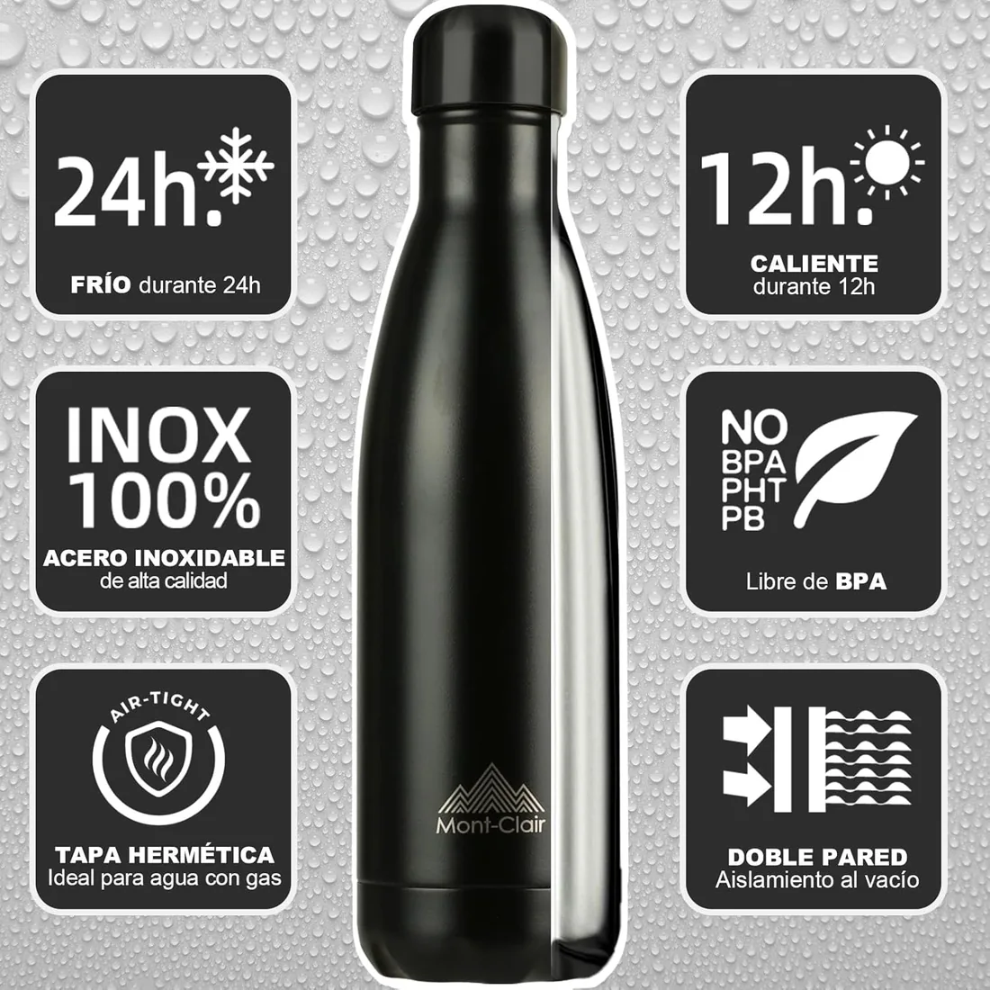 LO Botella Térmica Acero Inoxidable, Isotérmica, sin BPA, 500 ml | Conserva Bebidas Frías 24 Horas y Calientes 12, Doble Pared, Tapa Antifugas, Reutilizable para Deporte, Negro foto 2