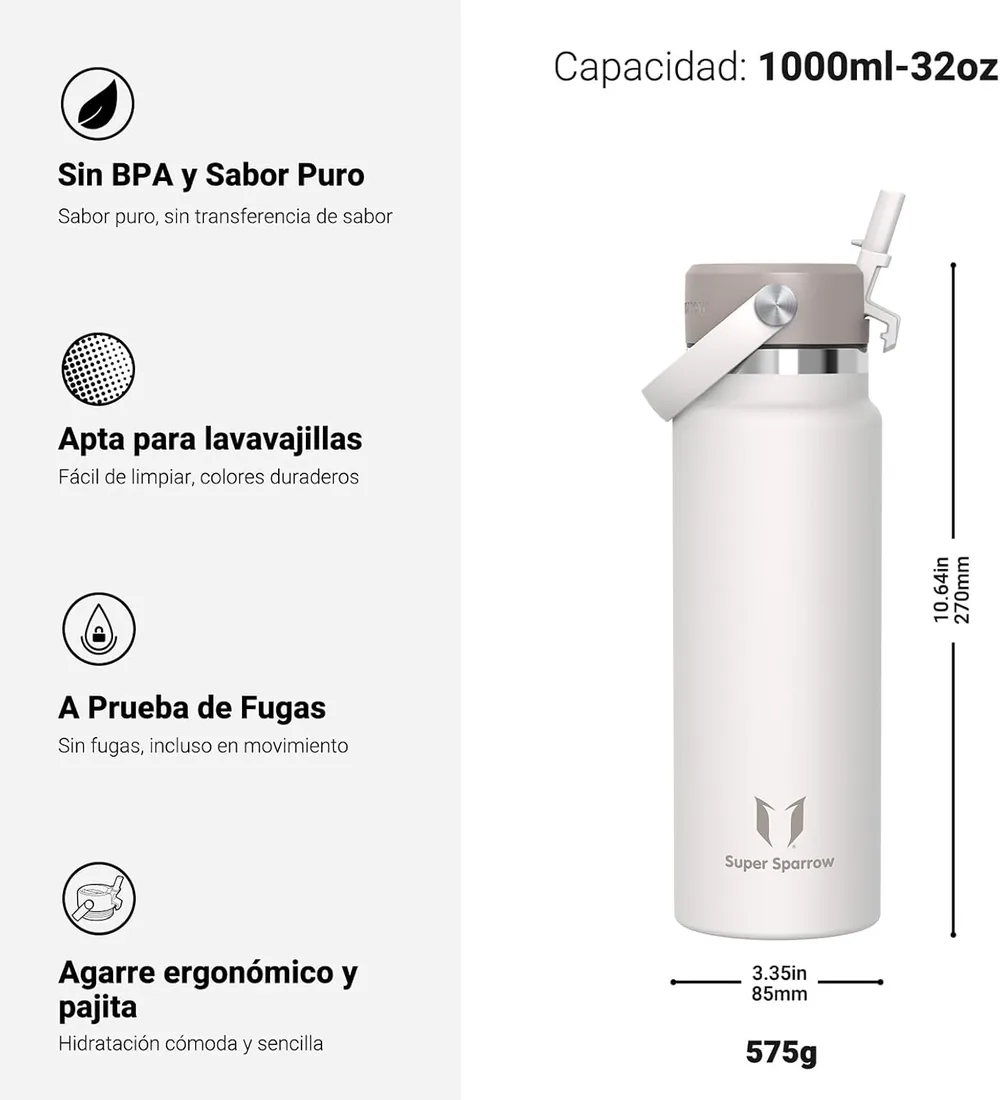 Sparrow Botella Agua Acero Inoxidable 1L Botella Termica Pajita - Termo | Cantimplora Antifugas Hermética, sin BPA, Apta Lavavajillas, Frío y Caliente, Deporte Gimnasio Viajar, SwivelSip Tapón Flex foto 3