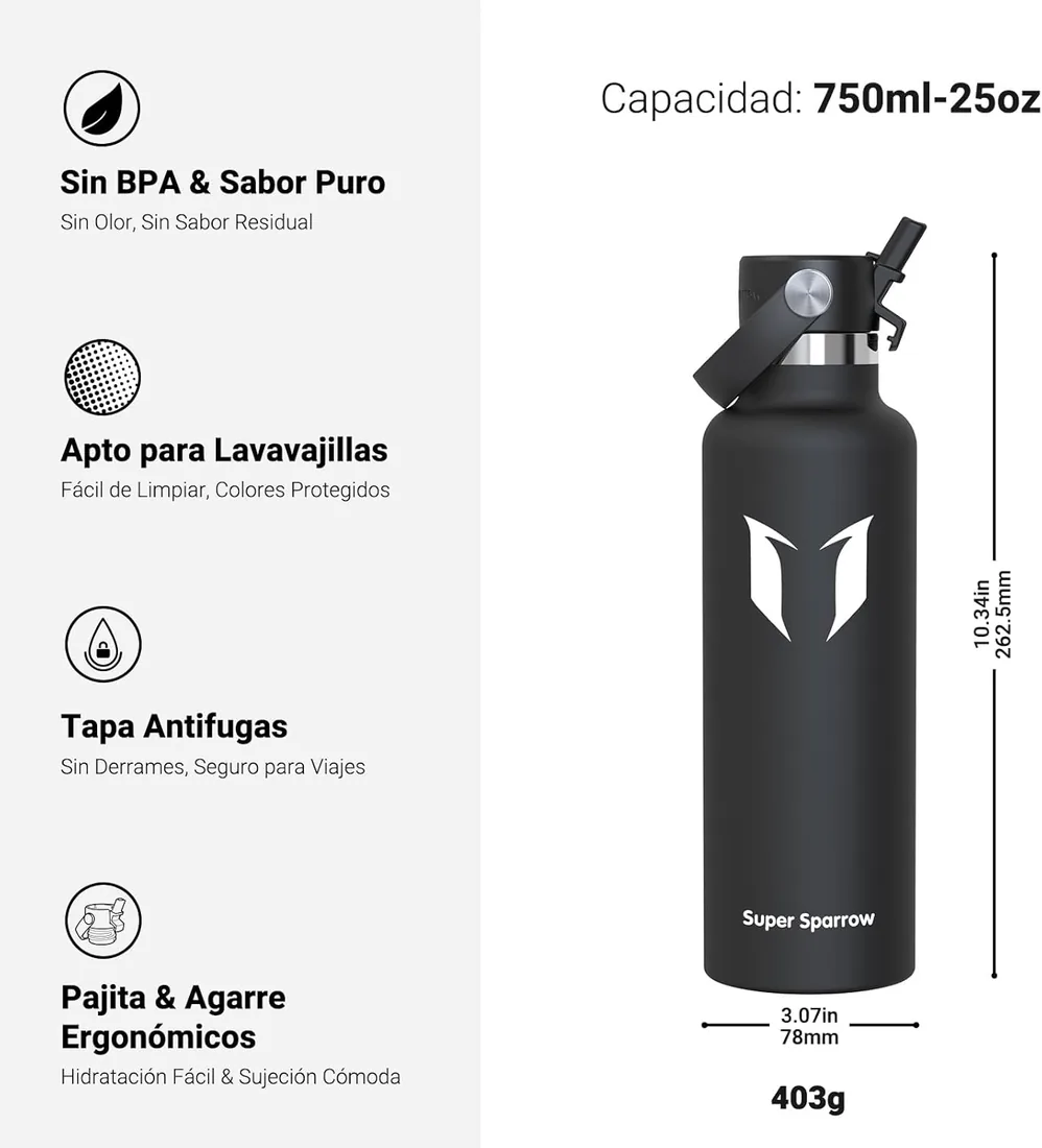 Sparrow Botella Agua Acero Inoxidable 500ml/750ml/1L/1.2L Botella Termica | Cantimplora, Termo Agua, Isotermica, Caliente, Fria, Antifugas, Sin BPA, Lavavajillas, Gimnasio, Gym, Ciclismo, Deportiva foto 3