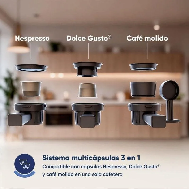 Barista Multi 3in1 Cafetera Multicápsulas 20 Bares 1400W Negra | Compatible con cápsulas Nespresso, Dolce Gusto y café molido foto 3