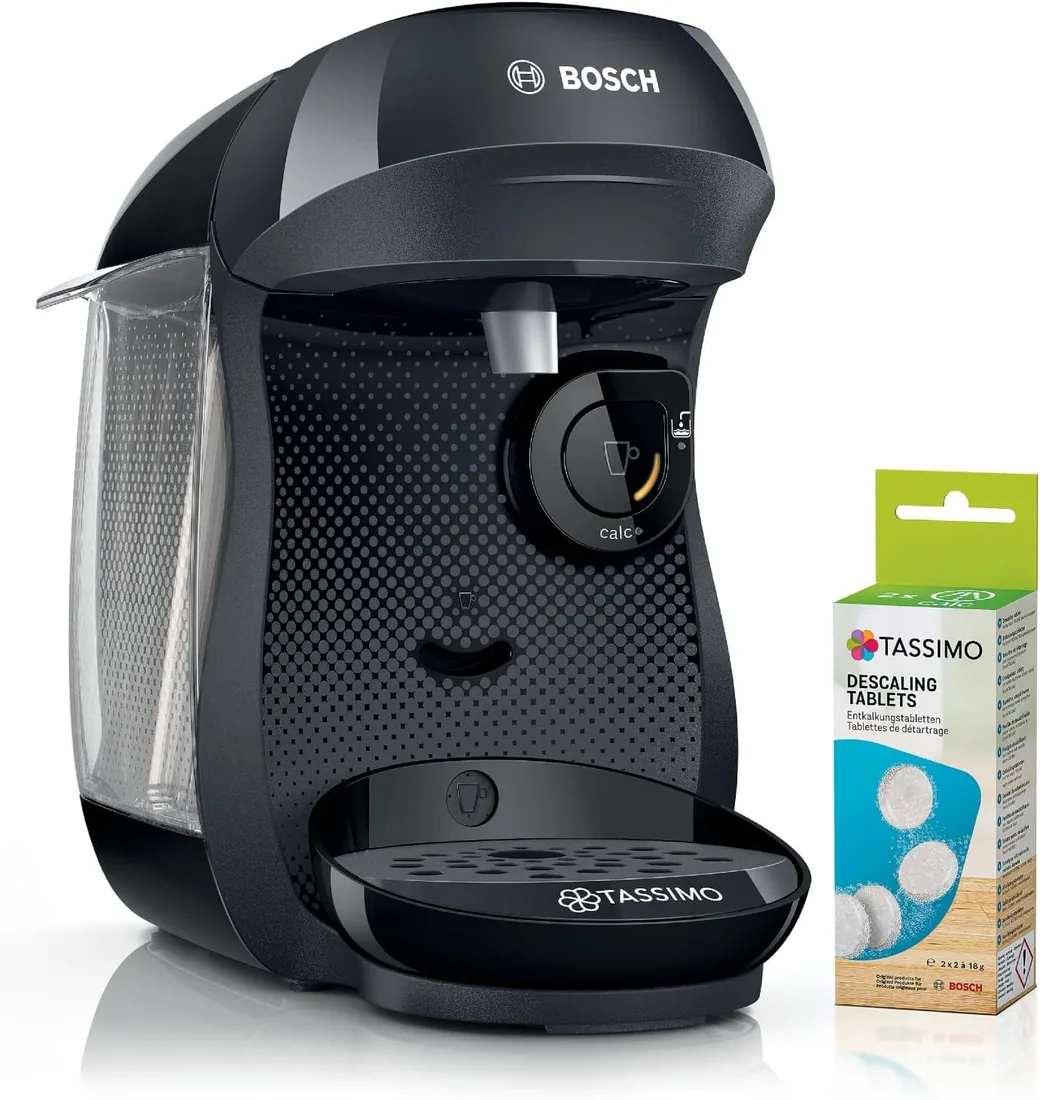 Bosch - Cafetera Tassimo Happy Friendly, Pastillas Descalcificadoras incluidas, Hasta 70 bebidas, OneTouch, INTELLIBREW™, Negro, TAS102EA