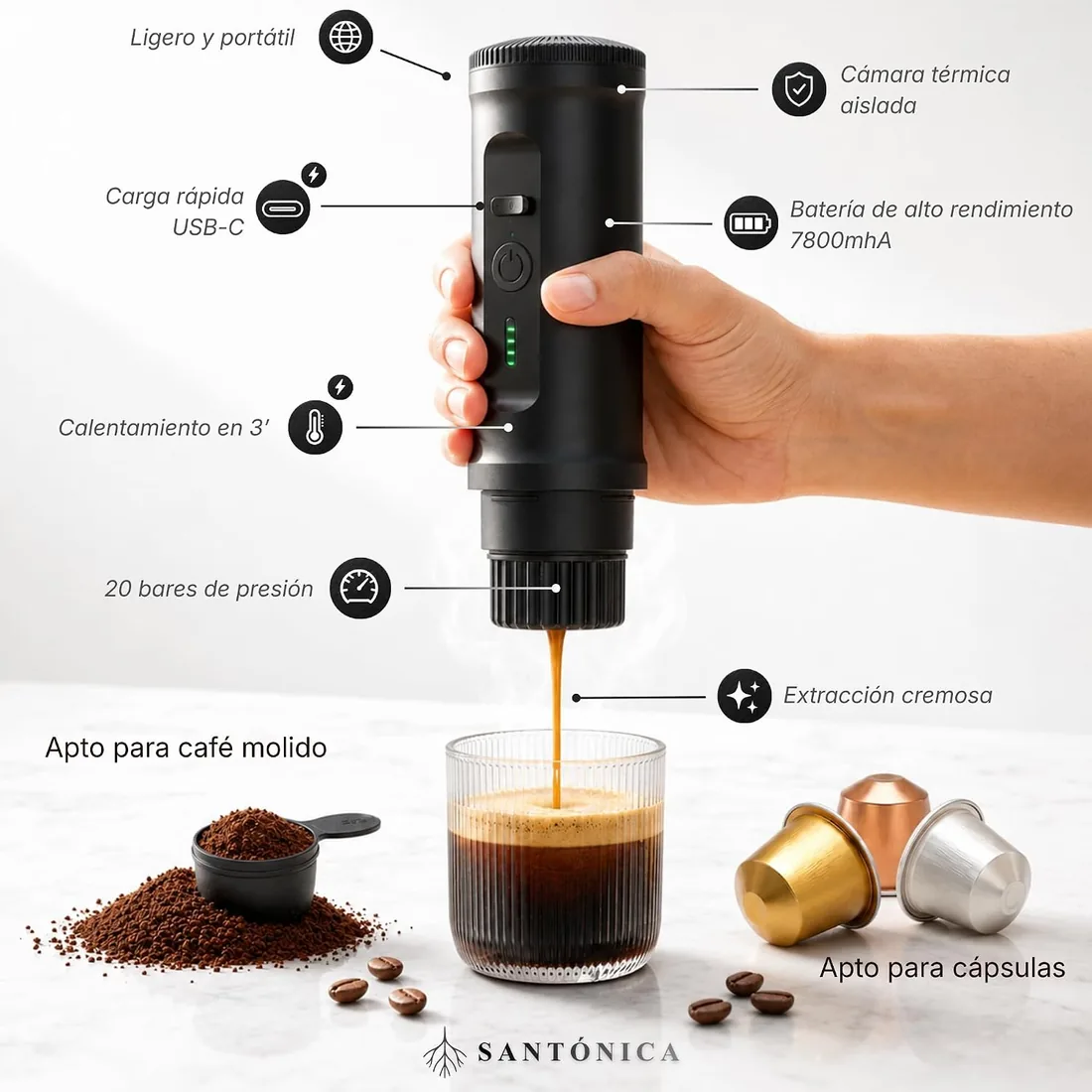 Cafetera Portatil Capsulas 2 En 1 Y Cafe Molido, Cafetera Capsulas Portatil 20 Bar Con Calentamiento Y Carga Rapida USB C, Compatible Con Capsulas Para Viaje foto 2