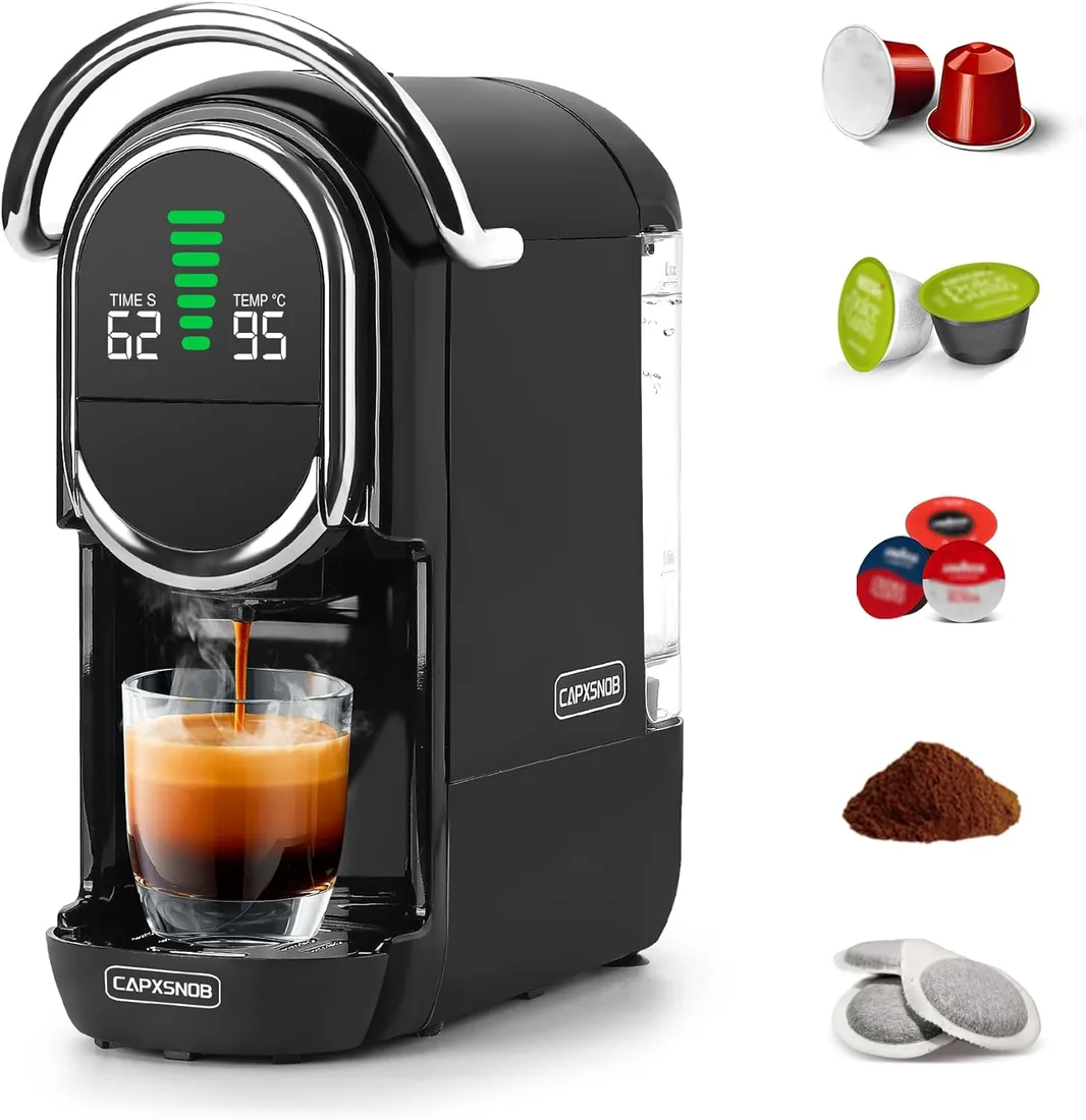 Magician1 Mini 5en1 Cafetera Cápsulas para Nespresso Original, Dolce Gusto, Lavazza A Modo Mio, ESE 44 y Café Molido, 20 Bares, 1450W, Pantalla LED, Máquina de Café Expreso Caliente o Frío foto 2