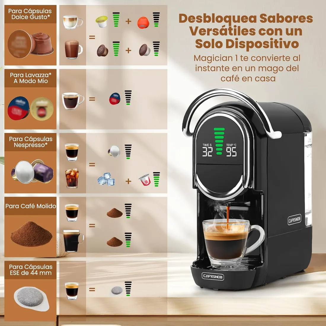 Magician1 Mini 5en1 Cafetera Cápsulas para Nespresso Original, Dolce Gusto, Lavazza A Modo Mio, ESE 44 y Café Molido, 20 Bares, 1450W, Pantalla LED, Máquina de Café Expreso Caliente o Frío foto 3