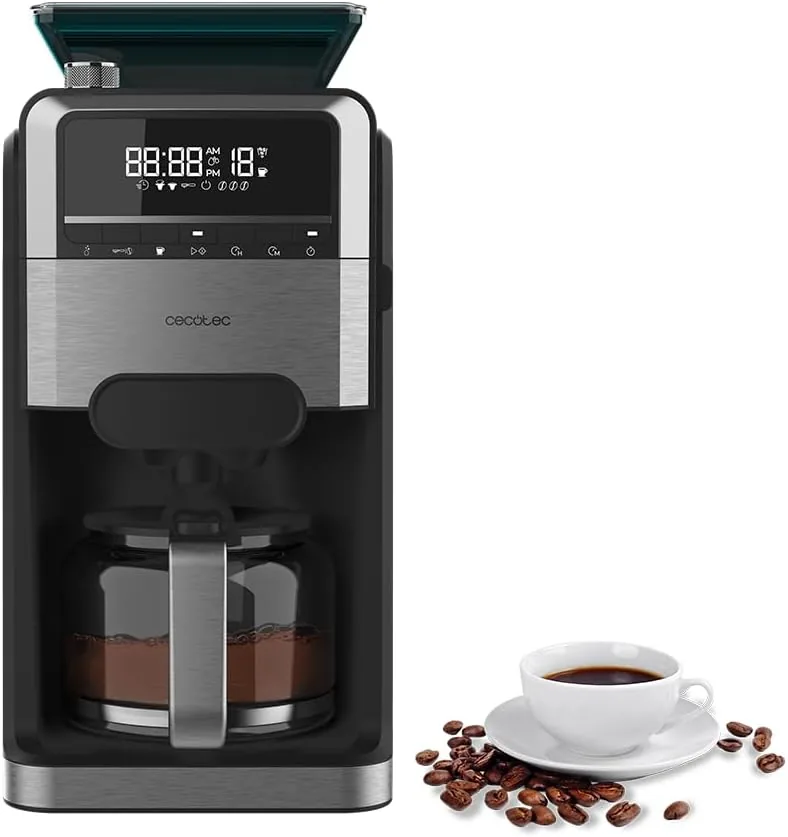 Cecotec Cafeteras de Goteo Coffee 66 Grind & Brew. 1400W, 1.5L, 12 Tazas, 230g Deposito Café Grano, Molinillo Cónico, 7 Niveles, Programable hasta 24h, Intensidad Ajustable, Acero Inoxidable