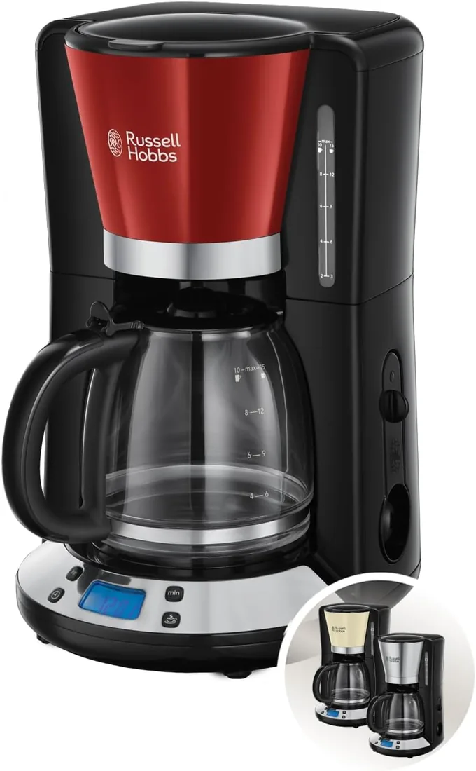 Russell Hobbs Cafetera de Goteo [15 tazas, 1100 W] Colours+ Red (jarra cristal 1.25 l, tecnología WhirlTech, pantalla LCD, temporizador programable, filtro extraíble, mantenimiento calor) 24031-56