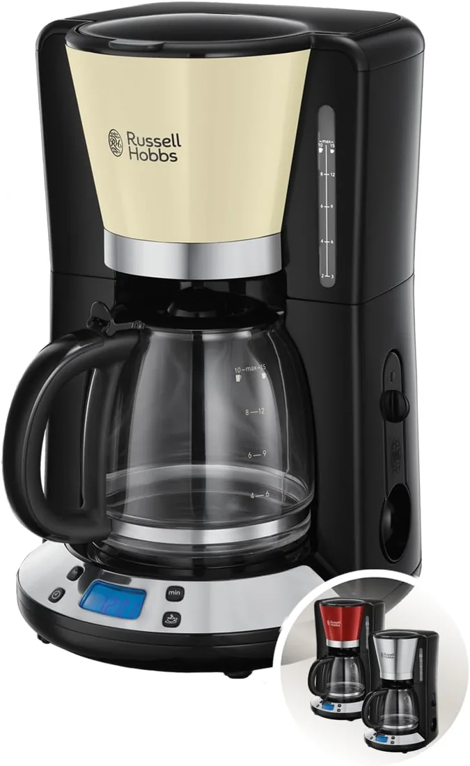 Russell Hobbs Cafetera de Goteo Colours Plus - 15 Tazas, Jarra Cristal 1,5L, Soporte Filtro Extraíble, Tecnología WhirlTech, Cuchara Medidora, Pantalla LCD, Programable, Negro y Crema - 24033-56